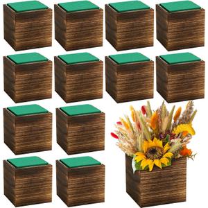 Dandat 12 Set Wood Cube Planter Box Square Wood Vase Rustic Cube Planter Box with Removable Plastic Liner Floral Foam Blocks for Centerpieces Home Wedding Garden Decor, Country Style (Brown)