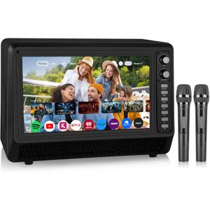 15.6 inch Smart Karaoke Machine for Adults with Lyrics Display, 200W Peak Power,Bluetooth Karaoke Speaker with 2 Microphones,Supports HDMI/USB/AUX Bluetooth Karaoke Machine for Home Party Camping