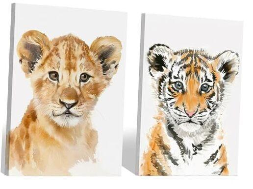 2 Paintings, Lion and Tiger 16×13Inch