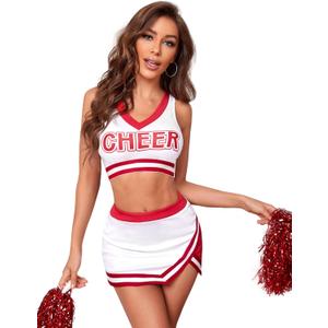 Cheerleader Costume for Women Sexy Musical Uniform Fancy Dress 3 PCS Cheerleading Complete Outfit (Medium, Red)