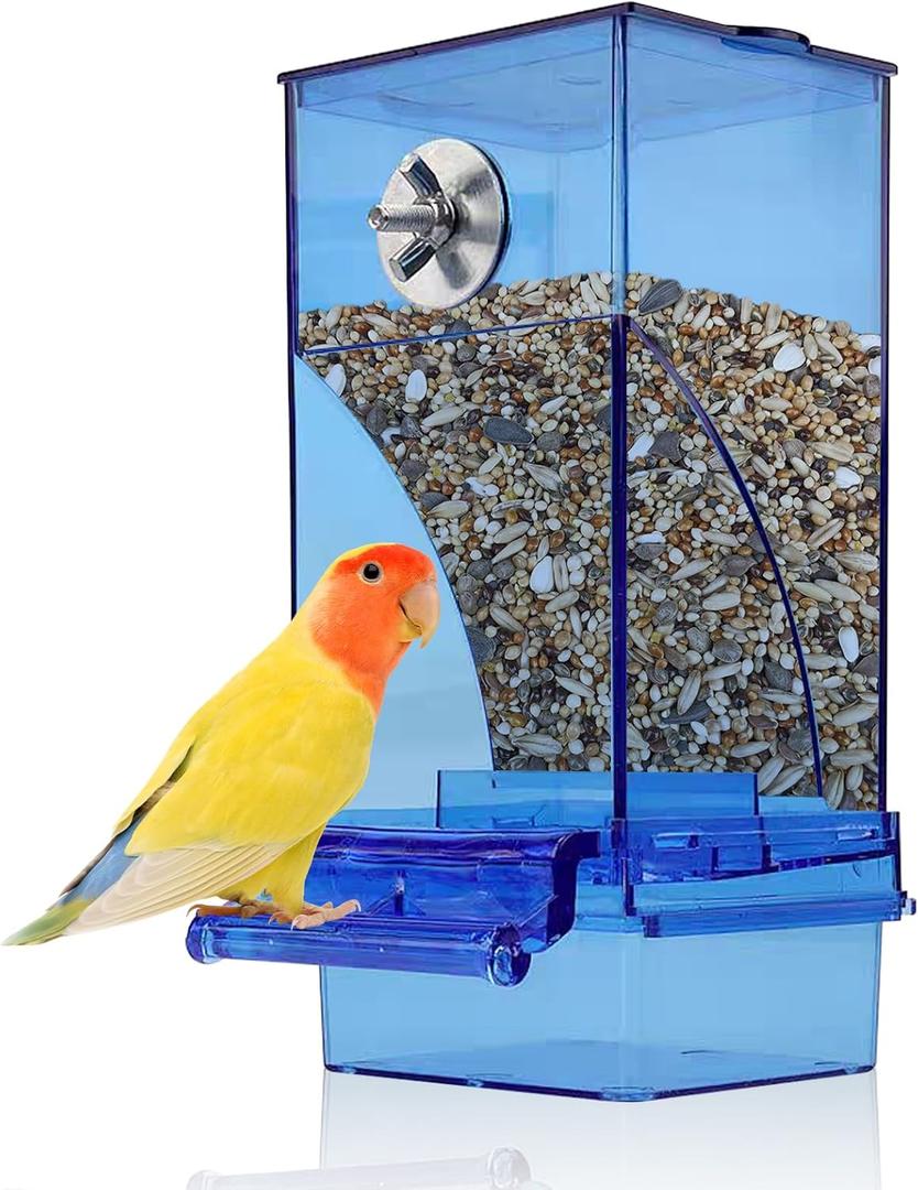 kathson No-Mess Bird Cage Feeder Automatic Parrot Feeders Seeds Container Acrylic Finch Foraging Feeders Parakeet Food Dispenser Cage Accessories for Small Birds Canary Budgie Lovebirds (Blue)