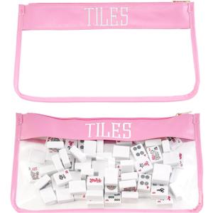 2 x FUYIHGL Mahjong Tiles Bag with Zipper - Pink Clear Carrying Pouch Storage Holder with Embroidery Lettering Case Only - American Mah Jongg Accessories and Gifts for Women Travel Party Game Night