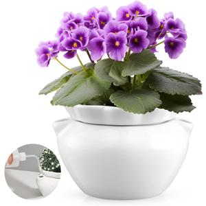 1 Set 7.5 Inches African Violet Pots Self Watering White Ceramic Pot for Indoor Plants, Flowerpot with Highly Absorbent Inner Pot for Busy Plant Lovers, Plant Care