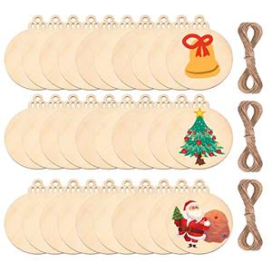 60Pcs Wood Slices,4" Wooden Christmas Ornaments,Unfinished Predrilled Wood Circles for Crafts Centerpieces,DIY Round Wooden Discs Hanging Decorations (4 Inches-60)
