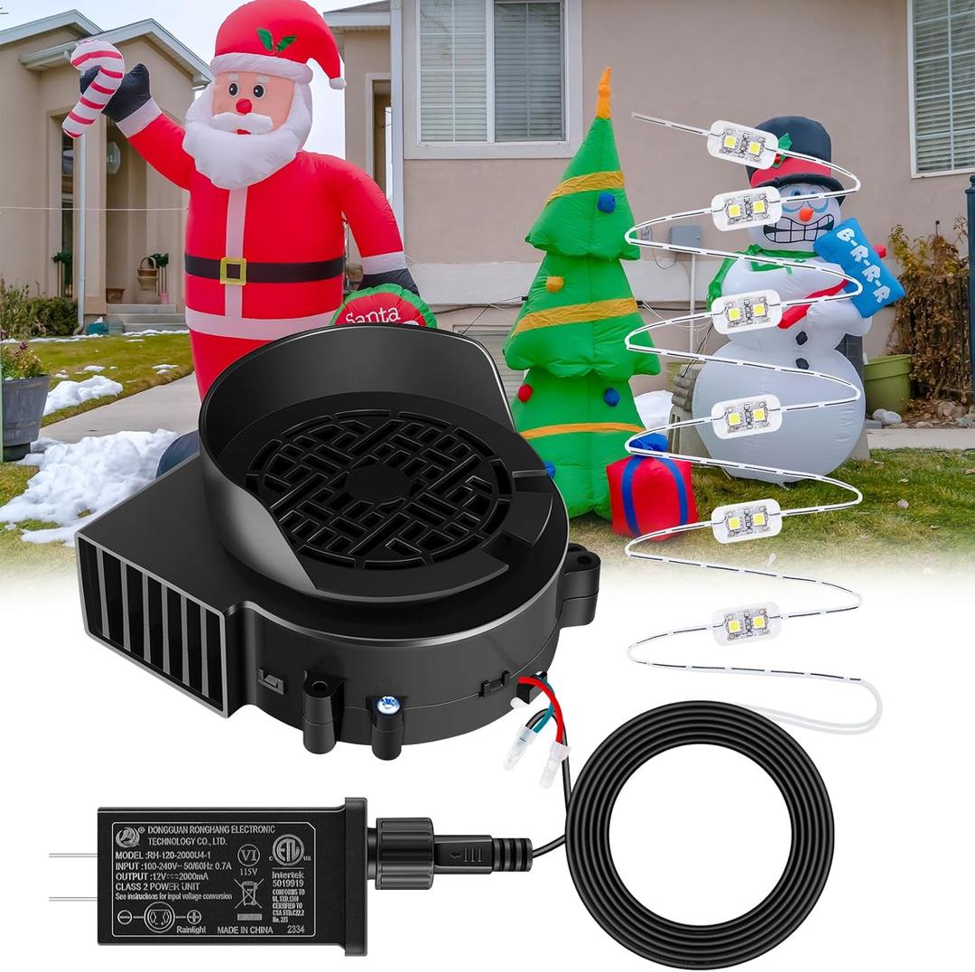 Landhoow Christmas Inflatable Replacement Fan Blower 12v 1.5a Air Blower Fan for Inflatables with 6 Adapter LED Lights Waterproof for Halloween Outdoor Yard Decorations