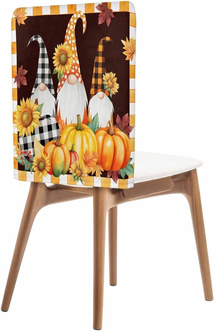 Fall Thanksgiving Dining Room Chair Back Covers 4 Pack, Farm Sunflowers Pumpkins Stretch Removable Chair Protector, Gnomes Yellow Plaid Washable Chair Slipcovers for Home Kitchen,Hotel,Holiday Party (Orange Black Sienna)