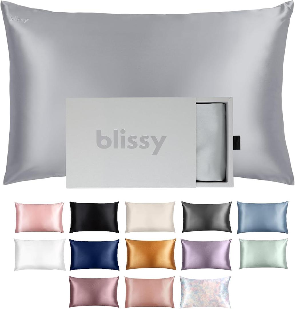 Blissy Silk Pillowcase - 100% Pure Mulberry Silk - 22 Momme 6A High-Grade Fibers - Silk Pillow Cover for Hair & Skin - Regular, Queen & King (Silver, Standard)