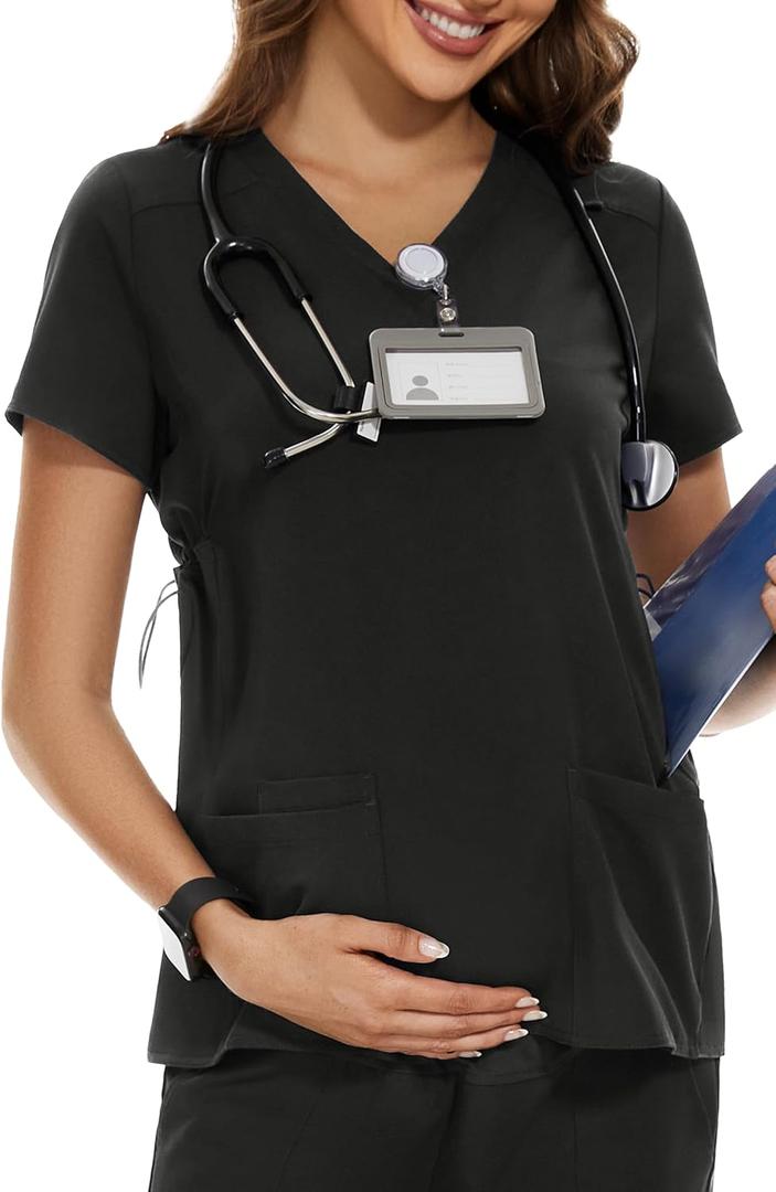 PACBREEZE Women's Maternity Scrub Top/Shirt V-Neck Workwear Medical Pregnancy Scrub Clothes, (Medium, Black)