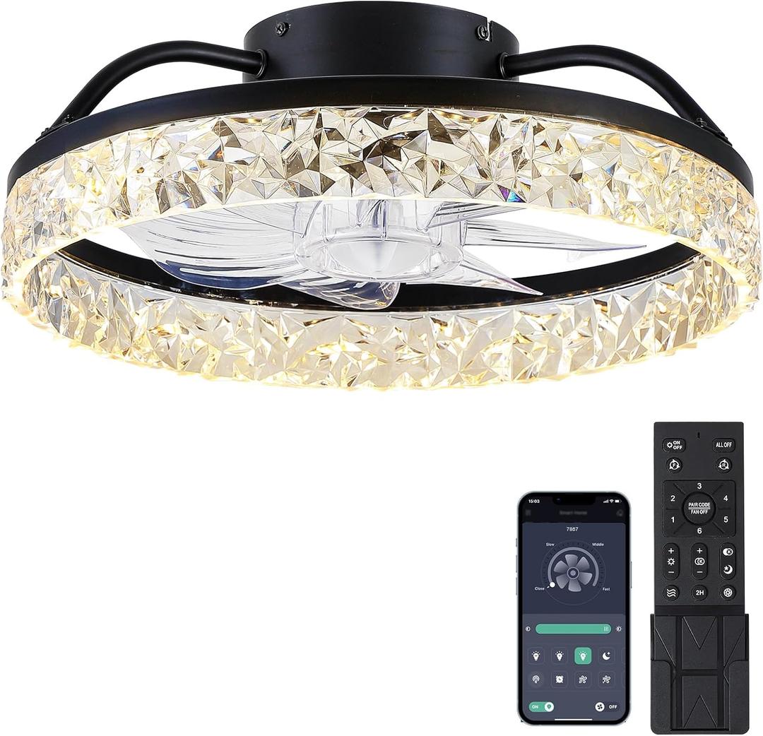 Ceiling Fans with Lights and Remote/APP Control, Modern Dimmable Low Profile Ceiling Fan, Flush Mount Bladeless Ceiling Fan, 16" Memory Function Forward Reverse and 6 Speeds - Black