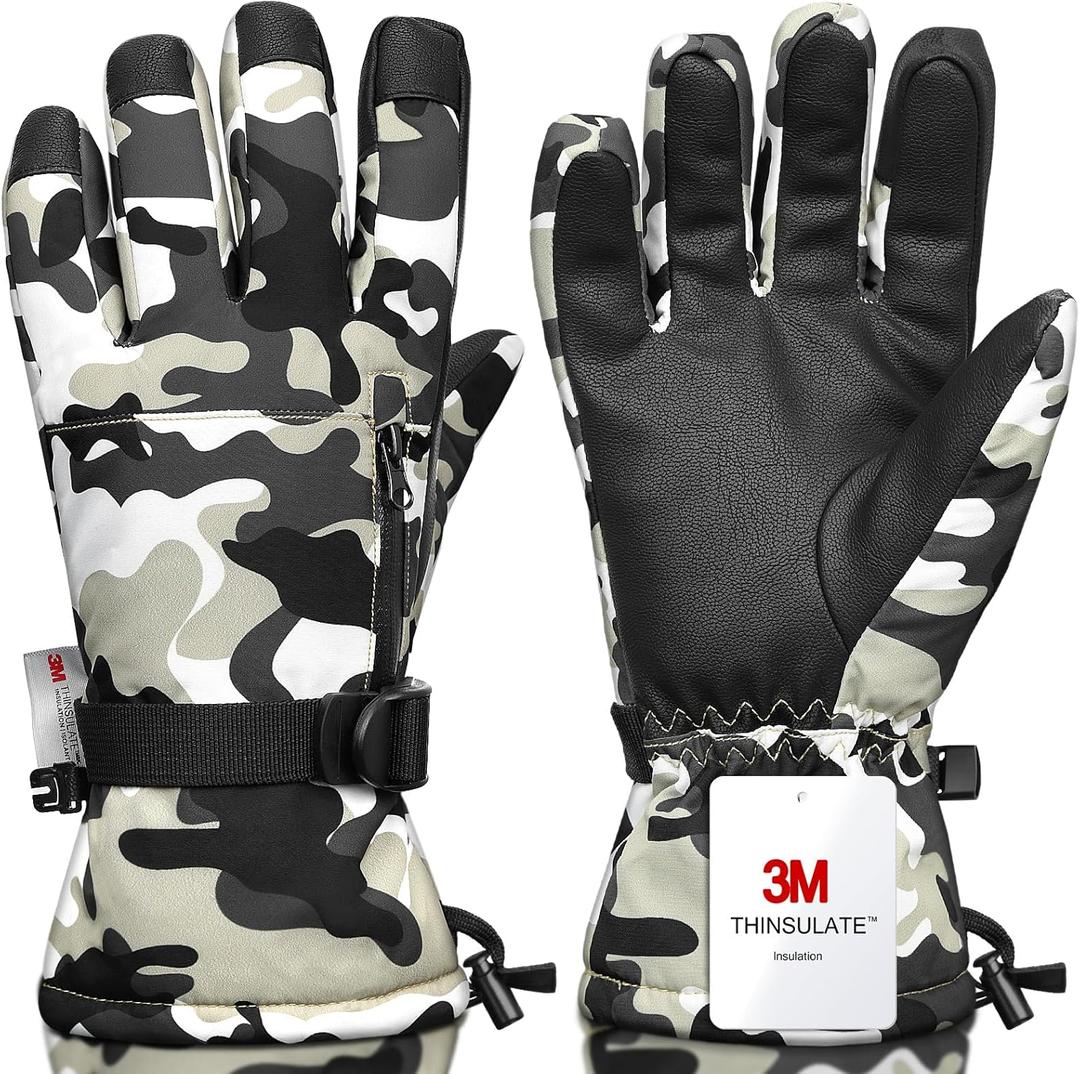 Snow Gloves,Touchscreen Ski Mittens,Warm Cold Weather Ski Gloves for Parent Boys Girls (M(Fit Kids11-15 Years and Women size S-M), Camouflage Brown)