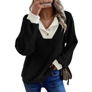 EVALESS Womens Spring Fashion 2026 Womens Long Sleeve Shirts Patchwork Button Up V Neck Sweatshirt Casual Pullover Tops (XX-Large, Black)