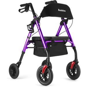 Ambliss Lightweight Folding Rollator Walker for Seniors with Seat, 10" All-Terrain Non-Pneumatic Wheels, Wide Padded Seat & Breathable Backrest, Adjustable Height 5'2"-6'7", 300 lbs Capacity (Purple)