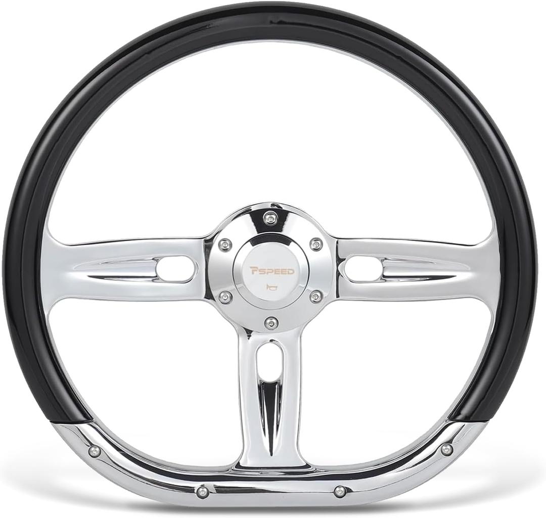 14 inch D-shaped steering wheel, Classic black Grain grip 3 Spokes 6 Bolt | Chrome-Plated aluminum 50mm Deep Dish with horn Fit for Cars, for Vintage Car/Racing/Rally steering wheel