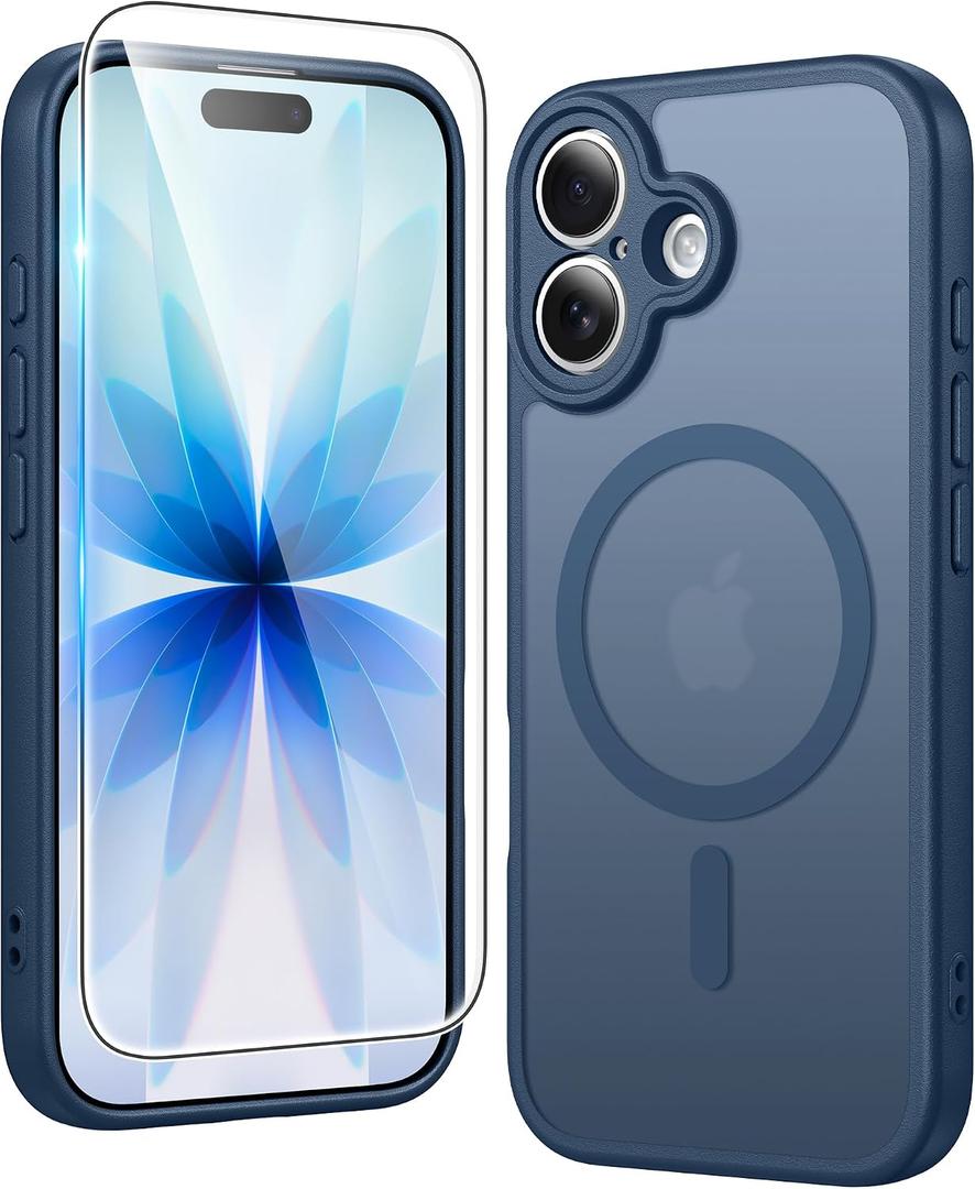 FNTCASE for iPhone 17 Case Matte: Magnetic Phone Cases with Screen Protector Drop Proof Compatible with Magsafe Slim Anti Yellowing Rugged Shockproof Protective Translucent Cell Cover (C-Blue)