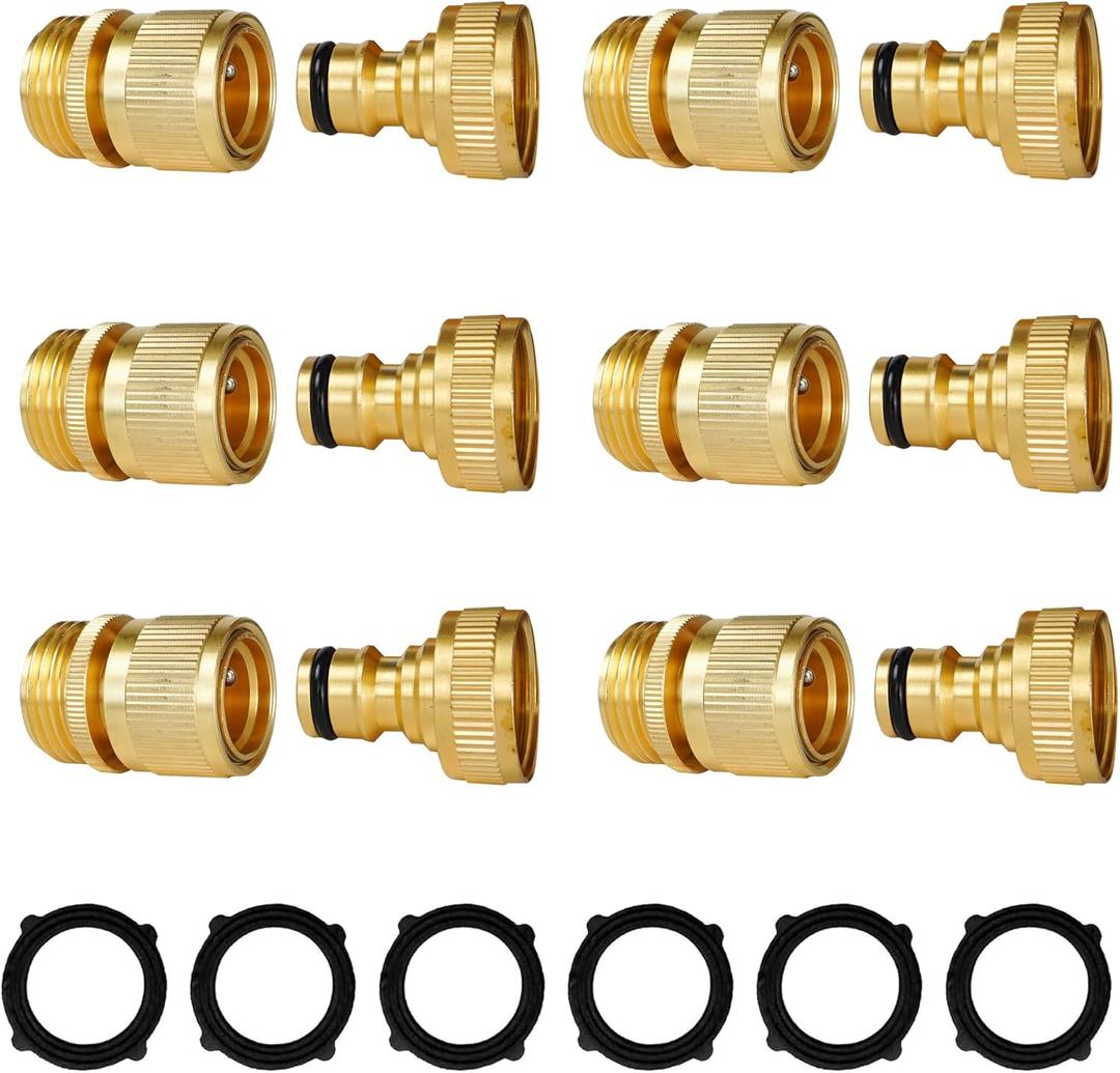 Hourleey Garden Hose Quick Connect, 6 Set Solid Brass 3/4 Inch GHT Thread Garden Hose Quick Connect Fittings, No-Leak Male and Female Water Hose Quick Release Connectors