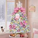 MARTINE MALL 2FT Pre-Decorated Small Christmas Tree with Lights, Snowy Flocked Mini Christmas Tree Artificial Tabletop Christmas Trees with Pink Owl Bow Hanging Ornaments for Table Desk Small Space