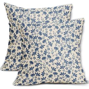 Blue Floral Pillow Covers 18x18 Set of 2 Vintage Rustic Old Style Cute Small Flower Blue Cream Print Decorative Outdoor Pillowcases Farmhouse Throw Cushion Case Decor for Couch Sofa Bed