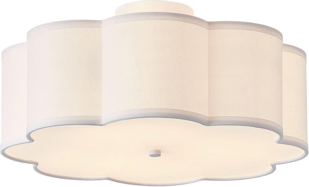 17.7" Semi Flush Mount Ceiling Light Fixture, 3-Light Modern Close to Ceiling Light with Fabric Flower-Shaped Shade, Light Fixtures Ceiling Mount for Bedroom Nursery(White)