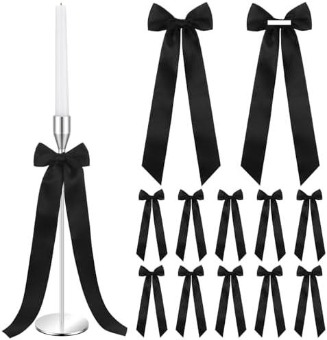Teenyyou 12 Pcs Black Candlestick Bows Decor 13 Inch Large Coquette Decorations Bows for Table Self Adhesive Candle Holder Gift Wrapping Wedding Bridal Shower Bachelorette Party Centerpieces