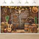 Western Cowboy Backdrop Banner, 7X5FT Wild West Rustic Wooden Barn House Photography Background for Western Party Decoration, Rodeo Backdrop for Kid Birthday Party, Reusable and Washable (Brown)