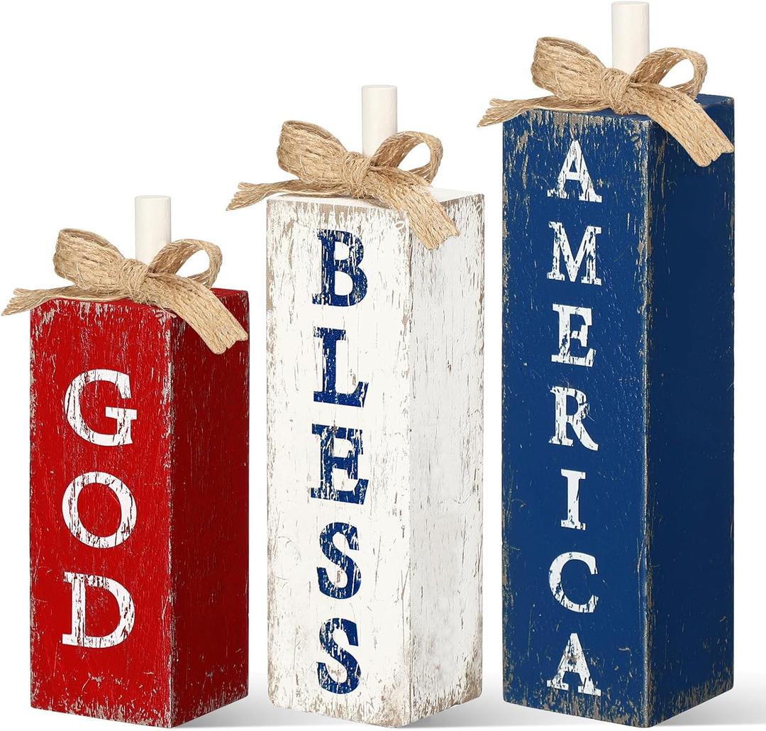 3 Pcs God Bless America Memorial Day Decorations Vintage 4th of July Tiered Tray Decor Patriotic Wood Block Sign Red White and Blue Decoration Farmhouse Independence Day Table Centerpiece