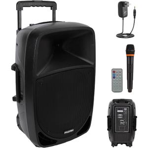 Pyle 1200W Portable Bluetooth PA Speaker - 12’’ Subwoofer, LED Battery Indicator Lights W/Built-In Rechargeable Battery, MP3/USB/SD Card Reader, and UHF Wireless Microphone - Pyle PSBT125A,Black