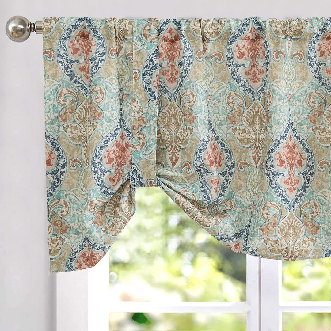 Damask Printed Tie-up Valances for Windows Multicolor Linen Textured Curtain (50"W x 20"L (Pack of 1))