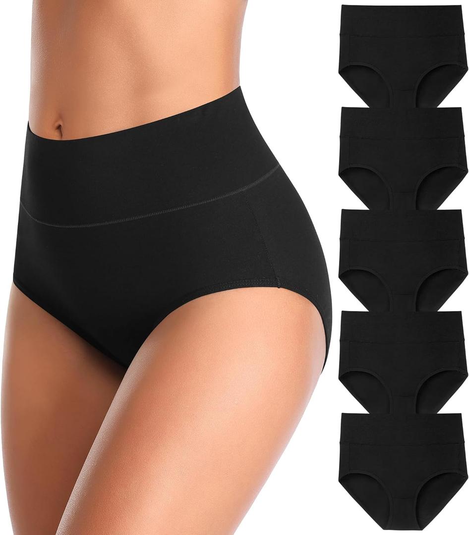 MISSWHO Cotton High Waisted Women Underwear Soft Briefs Full Coverage Comfy Ladies Panties (Regular & Plus Size) (Medium, 5 Pack=black-a1)