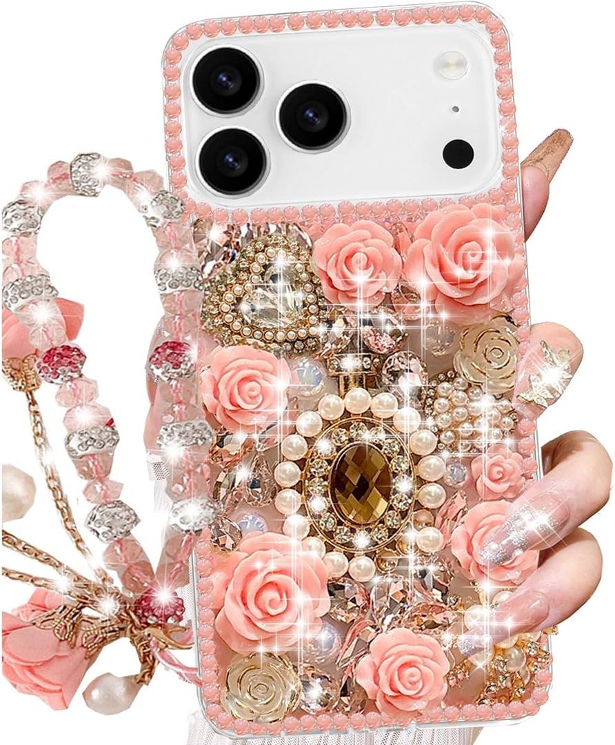 Changjia for iPhone 17 Pro Max Glitter Bling Case,Cute Luxury 3D Sparkle Queen Crystal Rhinestones Flowers Diamond Pearl Gems with Lanyard Wrist Strap Women Girls Phone Case for iPhone 17 Pro Max,Pink