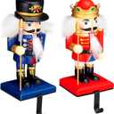 2 Pcs Wooden Christmas Stocking Holders - Nutcracker Soldier Hangers with Xmas Stocking Hooks for Fireplace Mantel