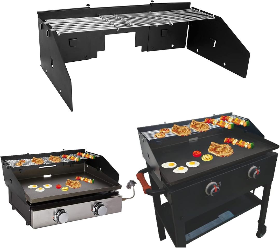 Adjustable Wind Screen and Griddle Warming Rack Set for 22' to 28' Griddle with Rear Grease, Black, Metal