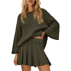 Yanekop Womens 2 Piece Sweater Skirt Set Loose Matching Lounge Sets Comfy Pajamas Set Long Sleeve Top and Skirt Sets (Green, XS)