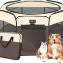 Aivituvin Dog Playpen, Foldable Pet Play Pens with Carrying Bag for Cat, Puppies, Rabbits, Portable Dog Tent Crates Cage for Travel Camping Indoor Outdoor, Removable Shade Cover, Brown M