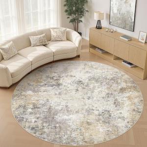 UERMEI 10ft Round Area Rug Living Room Rugs - 10x10 Washable Large Neutral Modern Abstract Soft Thin Rug Indoor Floor No Slip Rug Carpet for Bedroom Under Dining Table Home Office Decor - Golden Grey