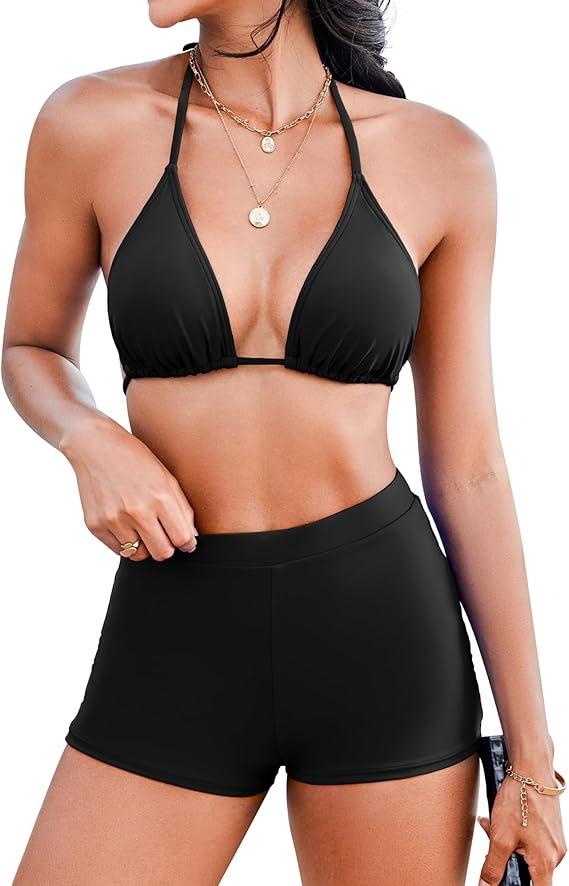 Boyshorts Swimsuits for Women-High Waisted Bikini Set 2 Piece Tummy Control Bathing Suit Triangle Top Shorts Bottom
Size Small Black
