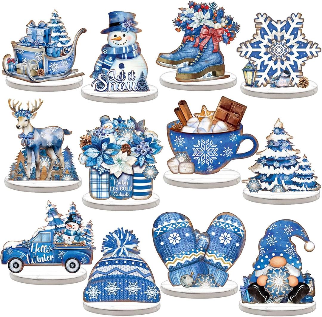 Yousoontic 12 Pcs Christmas Blue Winter Wooden Table Decorations Farmhouse Snowman Elk Gnome Snowflake Santa Wooden Signs Tabletop Centerpieces Christmas Home Decor for Xmas Holiday Party Dinner