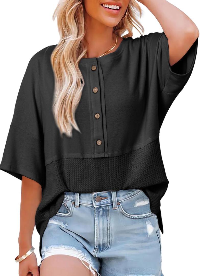 Dokotoo Womens Waffle Knit Tops 2026 Fashion 3/4 Sleeve Casual Button Down Shirts Crew Neck Oversized Patchwork Blouses, Medium