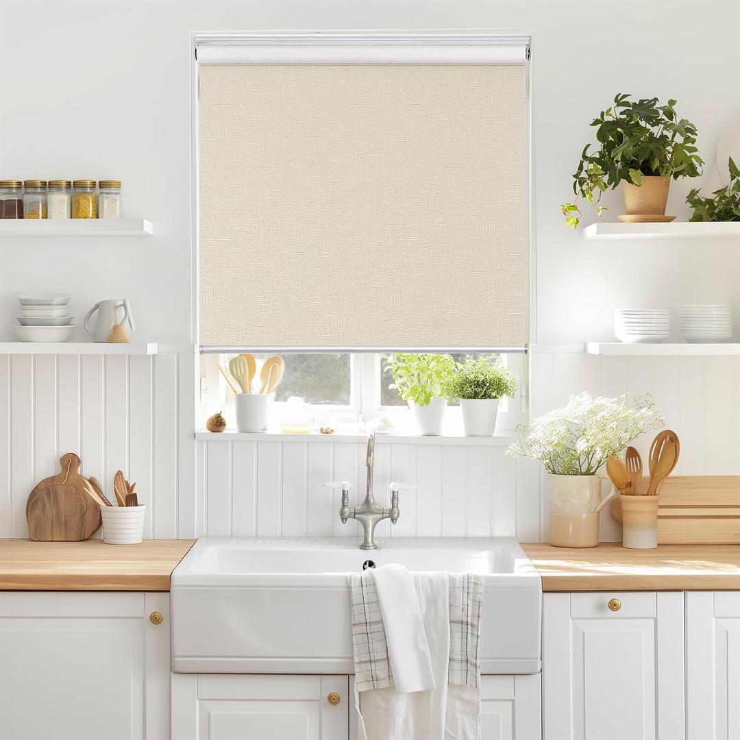 ChrisDowa Cordless 100% Blackout Roller Shade, with Striped Jacquard, Thermal Insulated, UV Protection Fabric, Total Blackout Blinds for Window, French Doors, Home and Office. Beige, 51" W x 72" H