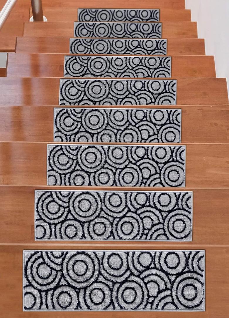 Beverly Rug Soft Rug Stair Treads Circles Design, 14 Pack, Navy, 9" x 28" Tape Included