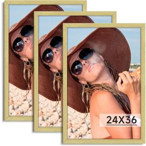 HLiWEGNS Gold 24x36 Frame Set of 3 - Vintage 24 x 36 Poster Frame with Plexiglass for Wall Gallery Display, 24x36 Picture Frame for Puzzles, Artwork, Photos and Posters - Ideal Christmas Day