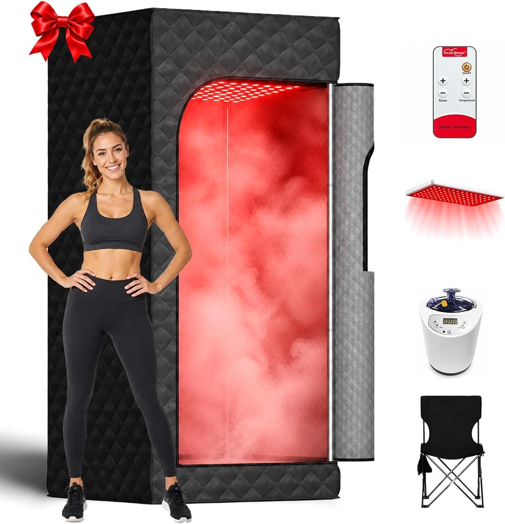 Portable Expanded Infrared Saunas for Home,Sauna Box with 108 Leds Red Light Therapy,15-level Heating,0-99 Minute Timer,Personal Sauna Tent with 3L 1200W Steam Steamer,Remote Control,Folding Chair ( 1 Person|Plus)