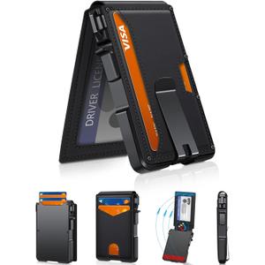 Wallet for Men, Mens Minimalist Wallet 9-13 Cards, Slim Compact Wallet with Money Clip & ID Window, RFID Blocking Smart Pop Up Card Wallet, Metal Aluminum Credit Card Holder Bifold Wallet, Color: Black Leather