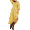 ABYOVRT Women Floral Embroidered Maxi Dress Long Puff Sleeve Square Neck Bohemian Flowy Dress with Pockets Summer Fall (Golden Yellow,M) (M)