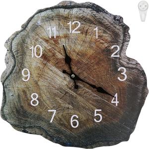 Silent Wooden Wall Clock, 12 Inch Rustic Annual Ring Simulation Wood Face Clock, Non Ticking Battery Operated, Brown Style, Unique Clock for Living Room Bedroom Kitchen Office Home Wall Decoration