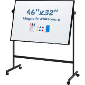 DUMOS Rolling Whiteboard Double Sided 46 x 32 Inches, Magnetic White Board Dry Erase on Wheels, Dry Erase Board with Stand for School, Office and Home, Silver Aluminium Frame, Black