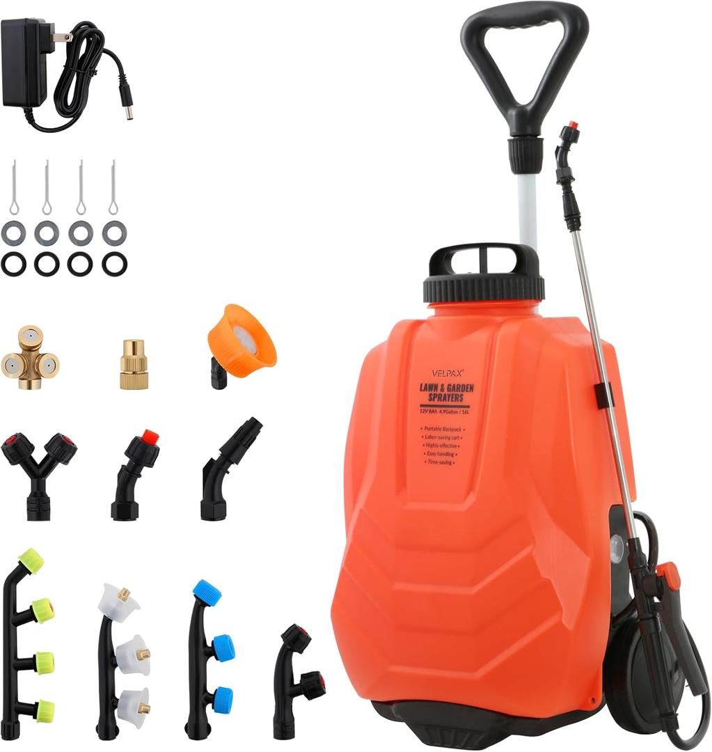 Battery Powered Backpack Sprayer 4.2 Gallon,Adjustable Wheeled Cart, 0-94 PSI,6 Hours Long Battery Life,12V 8Ah Battery,Backpack Sprayer with 10 Nozzles for Weeding, Spraying, Cleaning