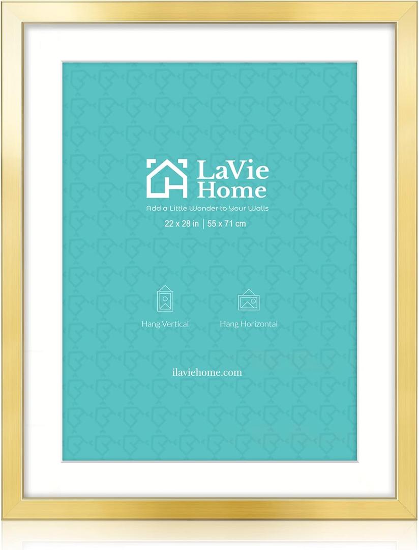 LaVie Home 22x28 Picture Frame Gold Poster Frame,Display Pictures 18x24 with Mat or 22x28 Without Mat, Stable and Sturdy Frame and Polished Plexiglass, Horizontal and Vertical Format of The Walls