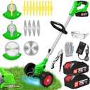 Weed Wacker Cordless Electric Eater Battery Powered, 21V Lightweight No-String Weed Trimmer with 2 Battery Operated & Wheels, 3 in 1 Stringless Grass Trimmer/Edger/Brush Cutter for Garden Yard Lawn