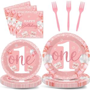 96 Pcs Girl 1st Party Supplies Pink One Year Old Paper Plates Baby Girl 1st Birthday Decoration Pink DisposableTableware Set Bridal Shower Birthday Party Paper Plate Napkin Fork 24 Guests