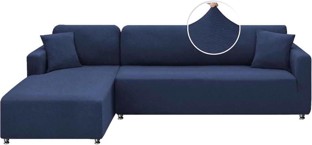 XINEAGE Sectional Couch Cover High Stretch L Shaped Sofa Cover 2 Pieces Non Slip Slipcover with Chaise Furniture Protector with 2 Pillowcases for Pets & Dogs (3 Seat Sofa + 3 Seat Chaise, Navy Blue)